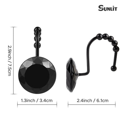 Sunlit Round Rhinestone Shower Curtain Hooks with Glide Balls, 12 Pack