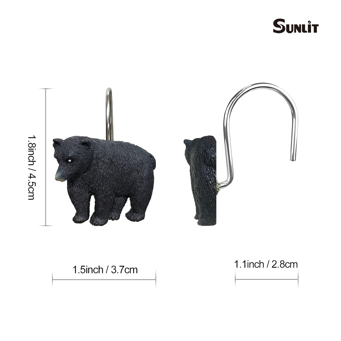 Sunlit Rustic Decorative Shower Curtain Hooks, Black Bear Shower Curtain Rings, Cabin Shower Curtain Hooks with Black Hooks, Resin, Farmhouse Bathroom Decoration, Set of 12