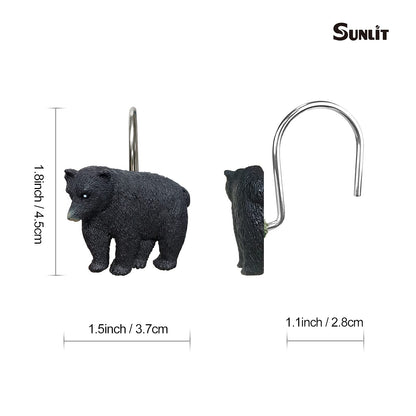 Sunlit Rustic Decorative Shower Curtain Hooks, Black Bear Shower Curtain Rings, Cabin Shower Curtain Hooks with Black Hooks, Resin, Farmhouse Bathroom Decoration, Set of 12