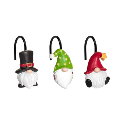 Sunlit Christmas Shower Curtain Hooks, Gnome Shower Curtain Rings, Hand Painted Resin Christmas Decor, Winter Bathroom Decoration, Red Hat with White Polka Dot, Set of 12