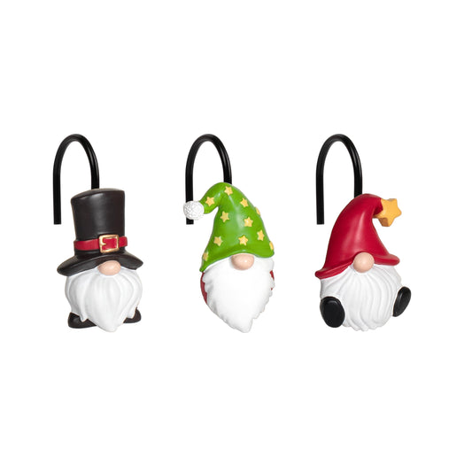 Sunlit Christmas Shower Curtain Hooks, Gnome Shower Curtain Rings, Hand Painted Resin Christmas Decor, Winter Bathroom Decoration, Red Hat with White Polka Dot, Set of 12