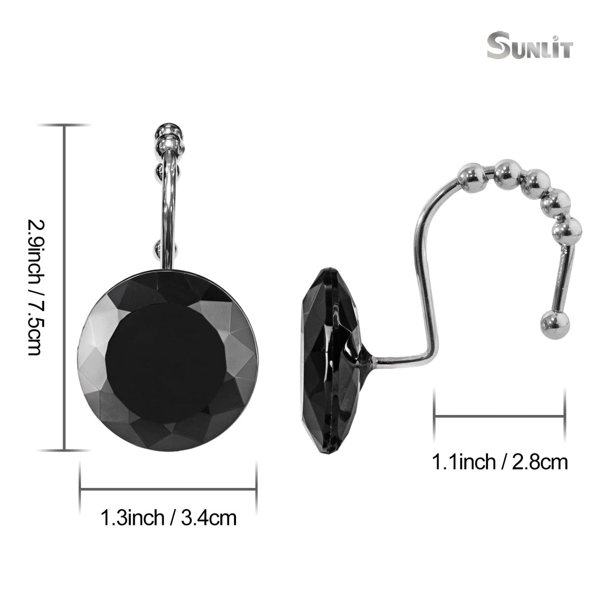 Sunlit Round Rhinestone Shower Curtain Hooks with Glide Balls, 12 Pack