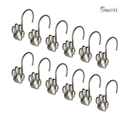 Sunlit Fashion Design Cute Paw Print Polished Double Shower Curtain Hooks for Dog Cat and Bear, Rust Proof Oil Metal Shower Curtain Rings, Black-12 Pack