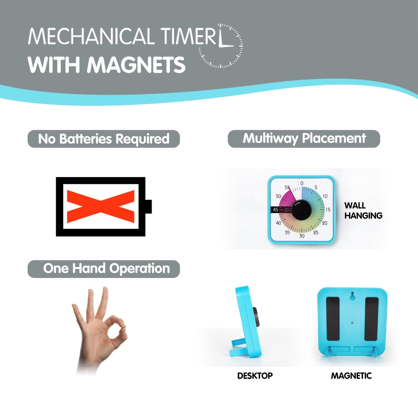 TWENTY5 SEVEN Countdown Timer 7.5 inch; 60 Minute 1 Hour Visual Timer – Classroom Teaching Tool Office Meeting, Mechanical Countdown Clock for Kids Exam Time Management Magnetic, Sky Blue