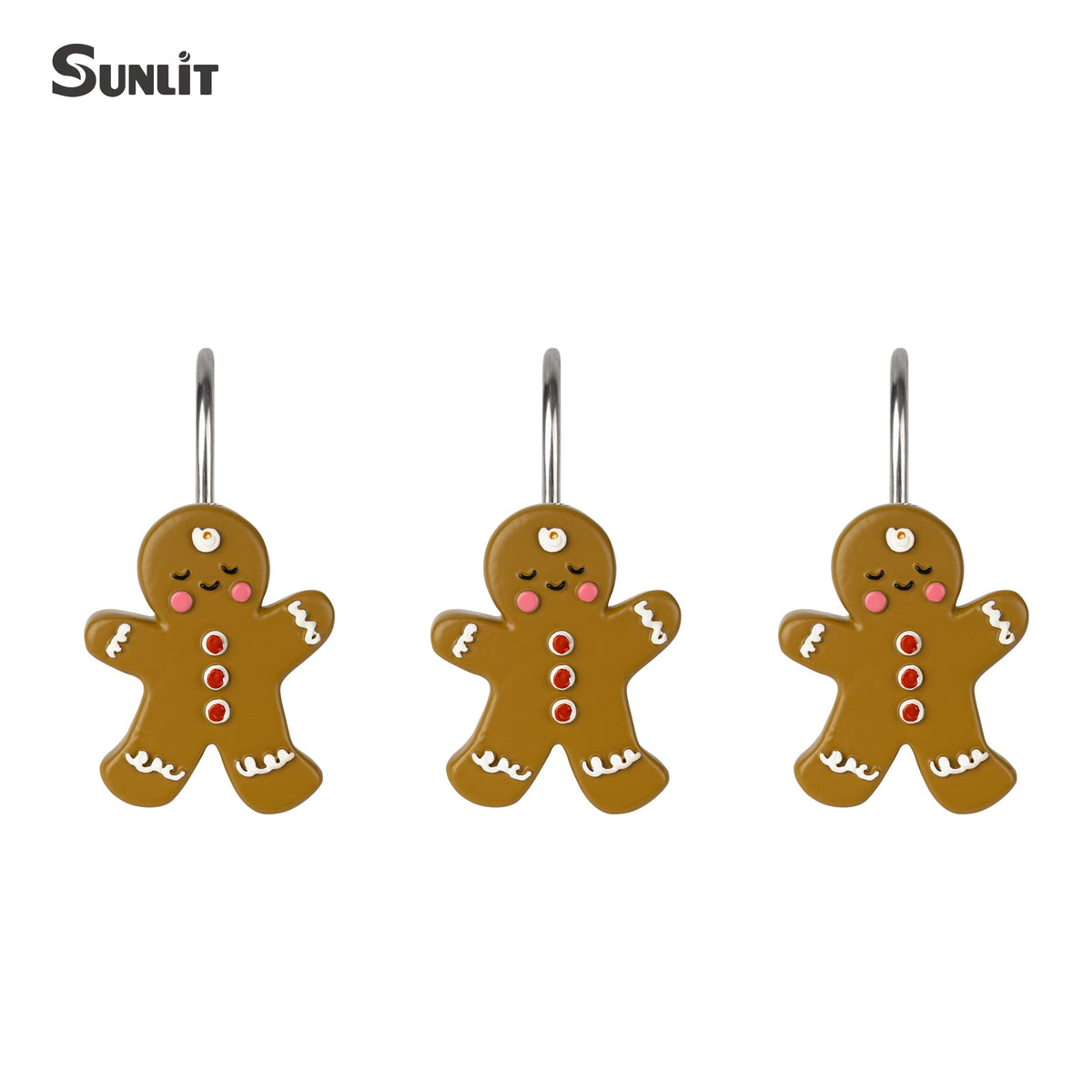 Sunlit Christmas Tree Snowman Decorative Shower Curtain Hooks, Green White Shower Curtain Rings, Resin, Xmas Theme Winter Holiday Bathroom Decoration, Set of 12