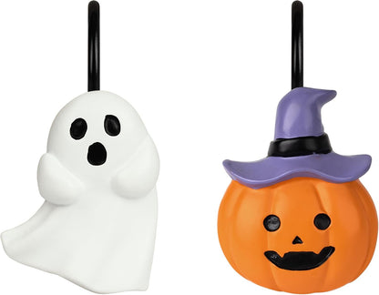 Sunlit Halloween Ghost and Pumpkin Shower Curtain Hooks Set of 12, Cute Jack O Lantern and White Ghost Curtain Rings for Bathroom, Spooky Decorative Bath Accessories