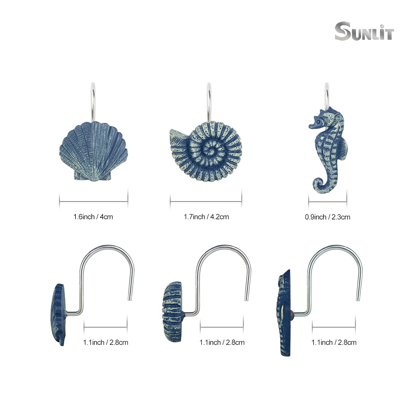Sunlit Seashells Decorative Shower Curtain Hooks, Aqua Blue Ocean Creatures Coastal Shower Curtain Rings with Black Hooks, Resin, Nautical Bathroom Decoration Beach Shower Curtain Hooks, Set of 12