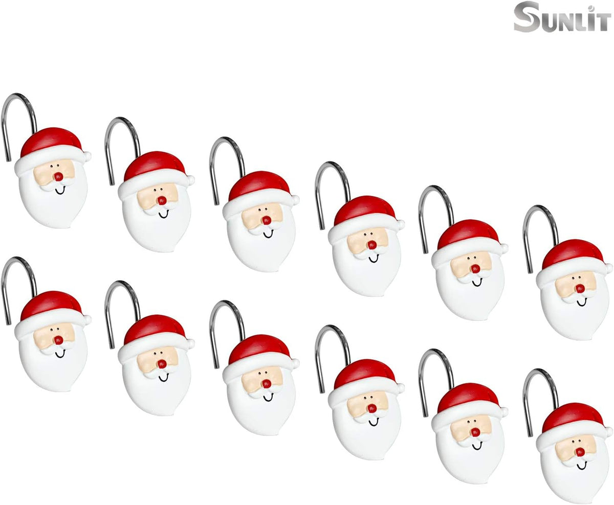 Sunlit Merry Christmas Shower Curtain Hooks Smiling Santa Claus Shower Curtain Rings, Resin, Christmas Decor, Winter Bathroom Decoration - 12 Pack