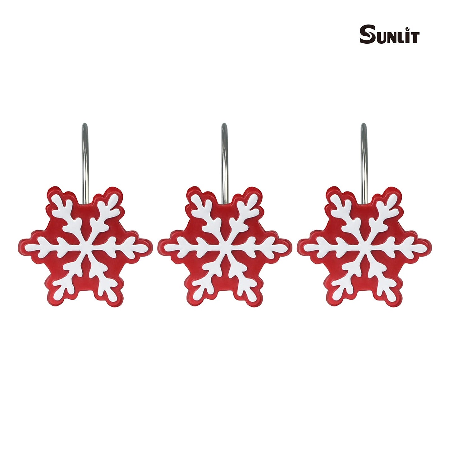 Sunlit Christmas Shower Curtain Hooks Snowflakes Double Shower Curtain Rings, Resin, Red and White Christmas Decor, Winter Bathroom Decoration - 12 Pack