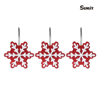 Sunlit Christmas Shower Curtain Hooks Snowflakes Double Shower Curtain Rings, Resin, Red and White Christmas Decor, Winter Bathroom Decoration - 12 Pack