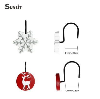 Sunlit Merry Christmas Shower Curtain Hooks White Reindeer Red Shower Curtain Rings, Resin, Winter Bathroom Decoration - 12 Pack