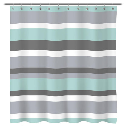 Sunlit Aqua Blue Gray Horizontal Stripes Water-Repellent Fabric Shower Curtain with Reinforced Metal Grommets Refreshing Striped Design Bathroom Decor