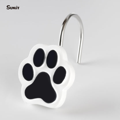 Sunlit Cute Paw Print Decorative Shower Curtain Hooks for Dog Cat Bear, Resin, Lovely Shower Curtain Rings with Black Hooks for Kids, Bathroom Decoration Curtain Hangers, 12 Pack, Black and White