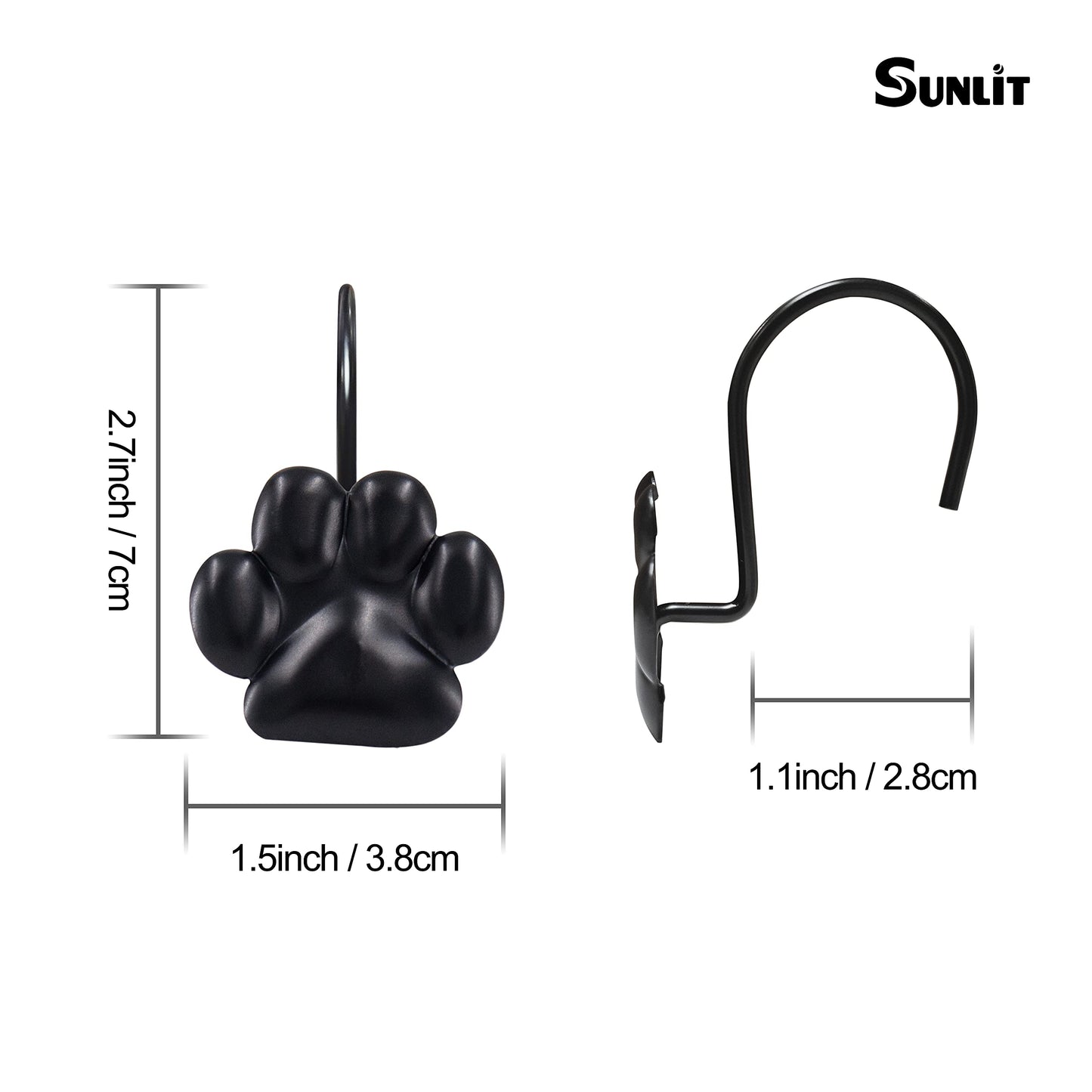 Sunlit Fashion Design Cute Paw Print Polished Double Shower Curtain Hooks for Dog Cat and Bear, Rust Proof Oil Metal Shower Curtain Rings, Black-12 Pack