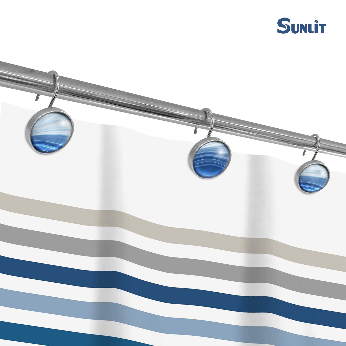 Sunlit Round Crystal Glass Decorative Shower Curtain Hooks, Rust Proof Oil Rubbed Metal Shower Curtain Rings-12 Pack, Gradient Blue