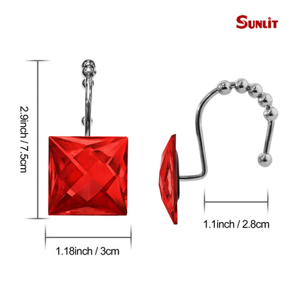 Sunlit Square Rhinestone Shower Curtain Hooks with Glide Balls, 12 Pack