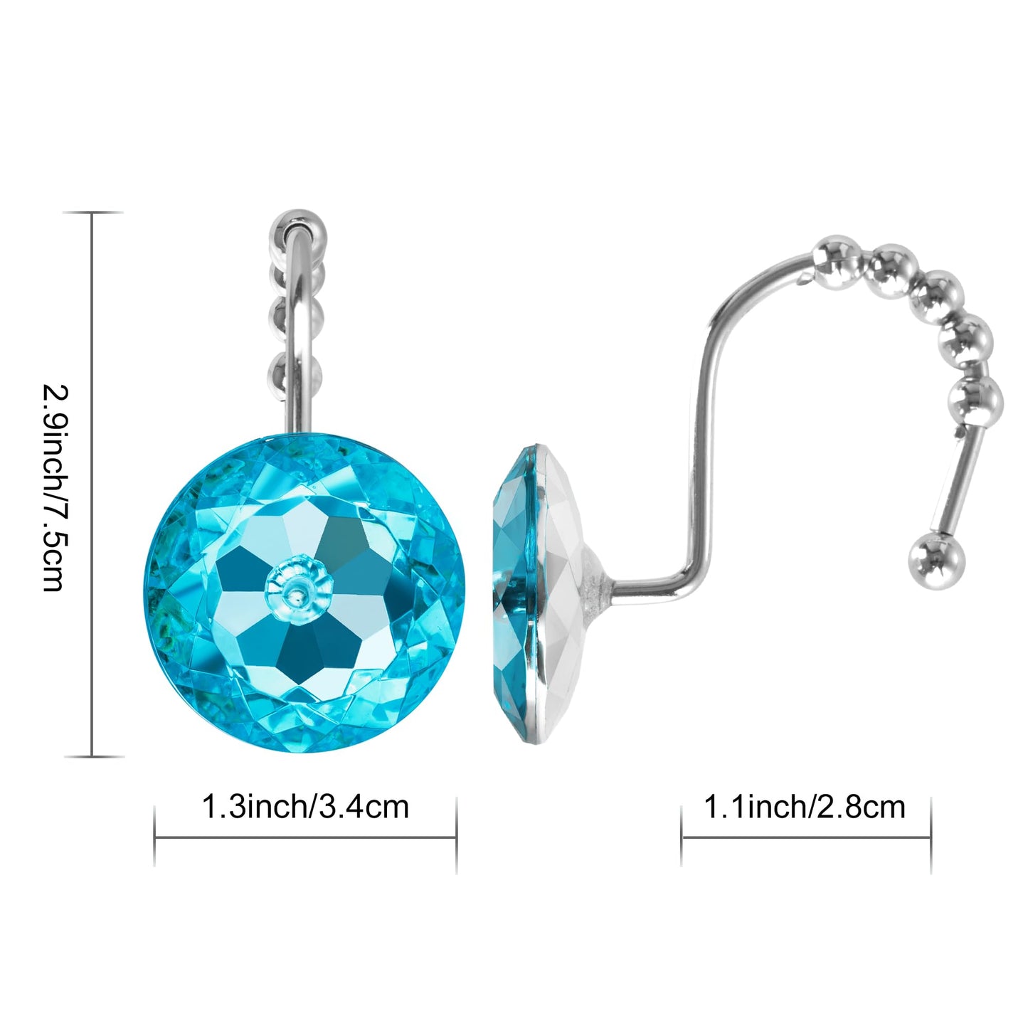 Sunlit Round Rhinestone Shower Curtain Hooks with Glide Balls, 12 Pack