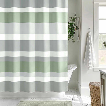 Sunlit Sage Green Gray Horizontal Stripes Water-Repellent Fabric Shower Curtain with Reinforced Metal Grommets Refreshing Striped Design Bathroom Decor, 72x72