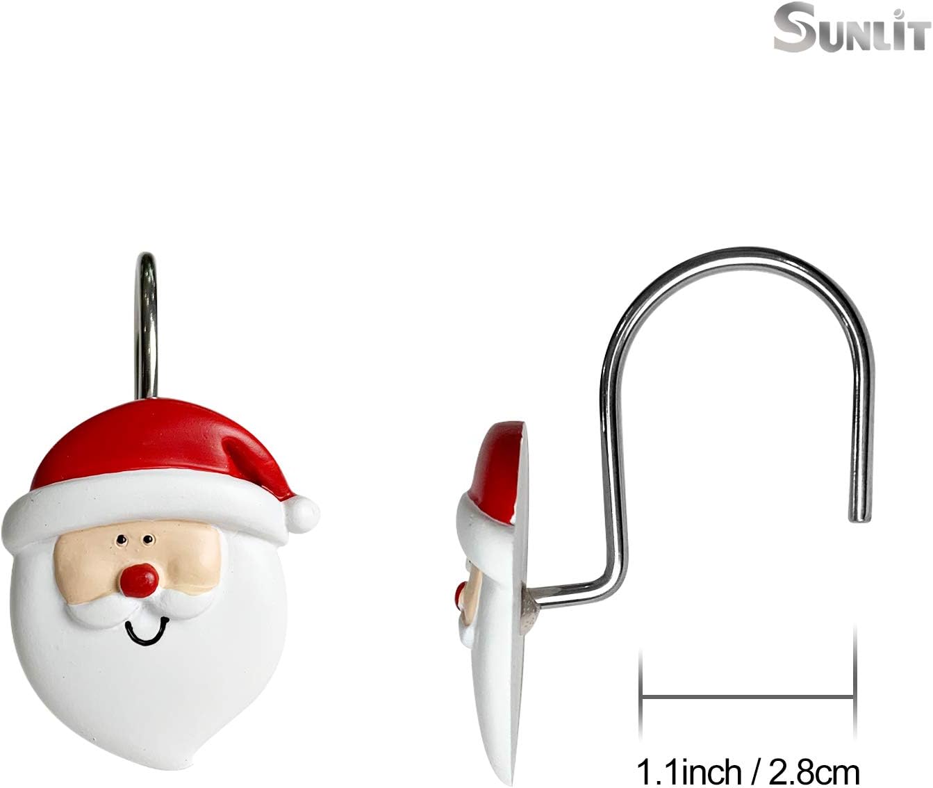 Sunlit Merry Christmas Shower Curtain Hooks Smiling Santa Claus Shower Curtain Rings, Resin, Christmas Decor, Winter Bathroom Decoration - 12 Pack