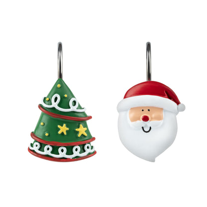 Sunlit Merry Christmas Shower Curtain Hooks Smiling Santa Claus Shower Curtain Rings, Resin, Christmas Decor, Winter Bathroom Decoration - 12 Pack