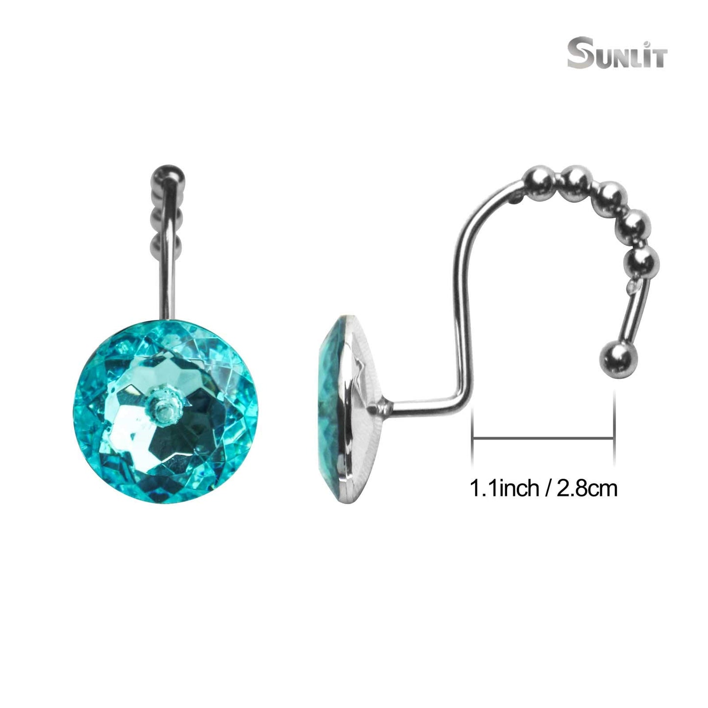 Sunlit Round Rhinestone Shower Curtain Hooks with Glide Balls, 12 Pack