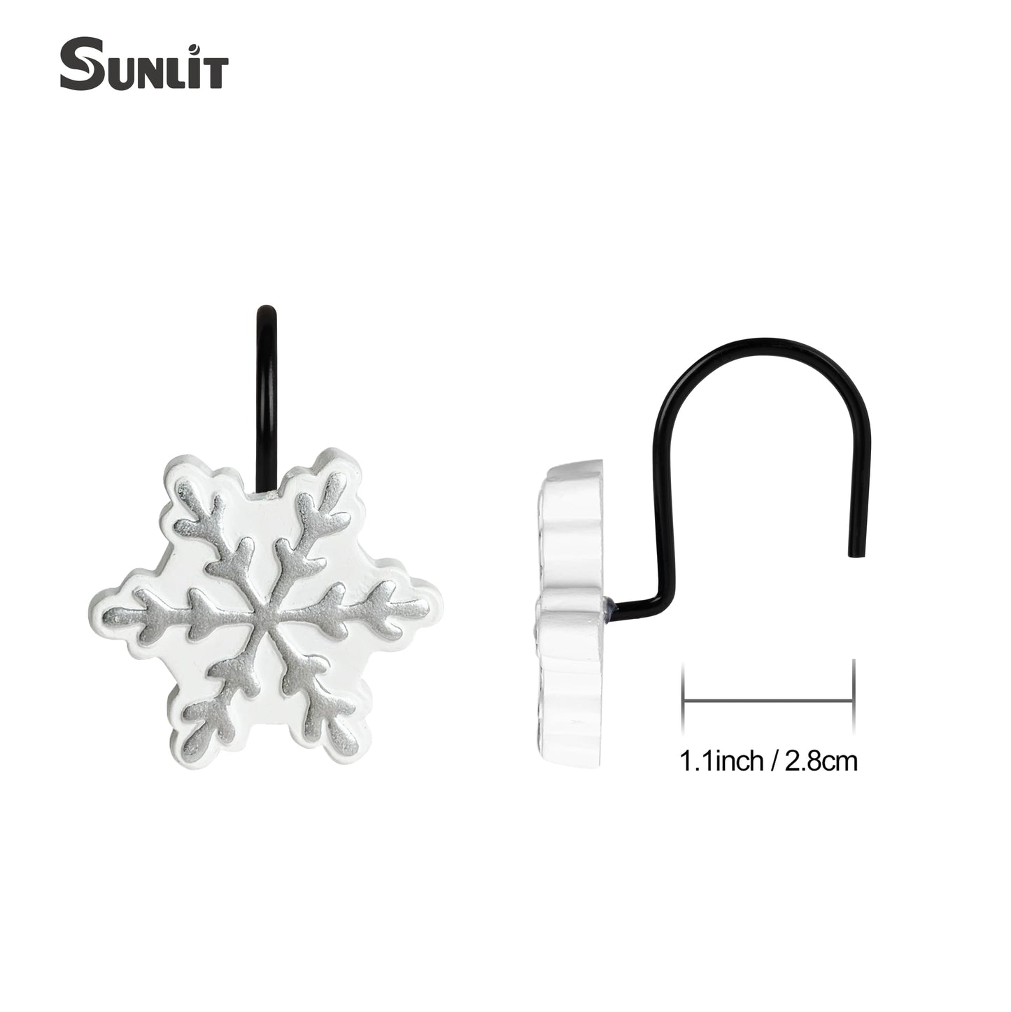 Sunlit Christmas Shower Curtain Hooks Snowflakes Double Shower Curtain Rings, Resin, Red and White Christmas Decor, Winter Bathroom Decoration - 12 Pack