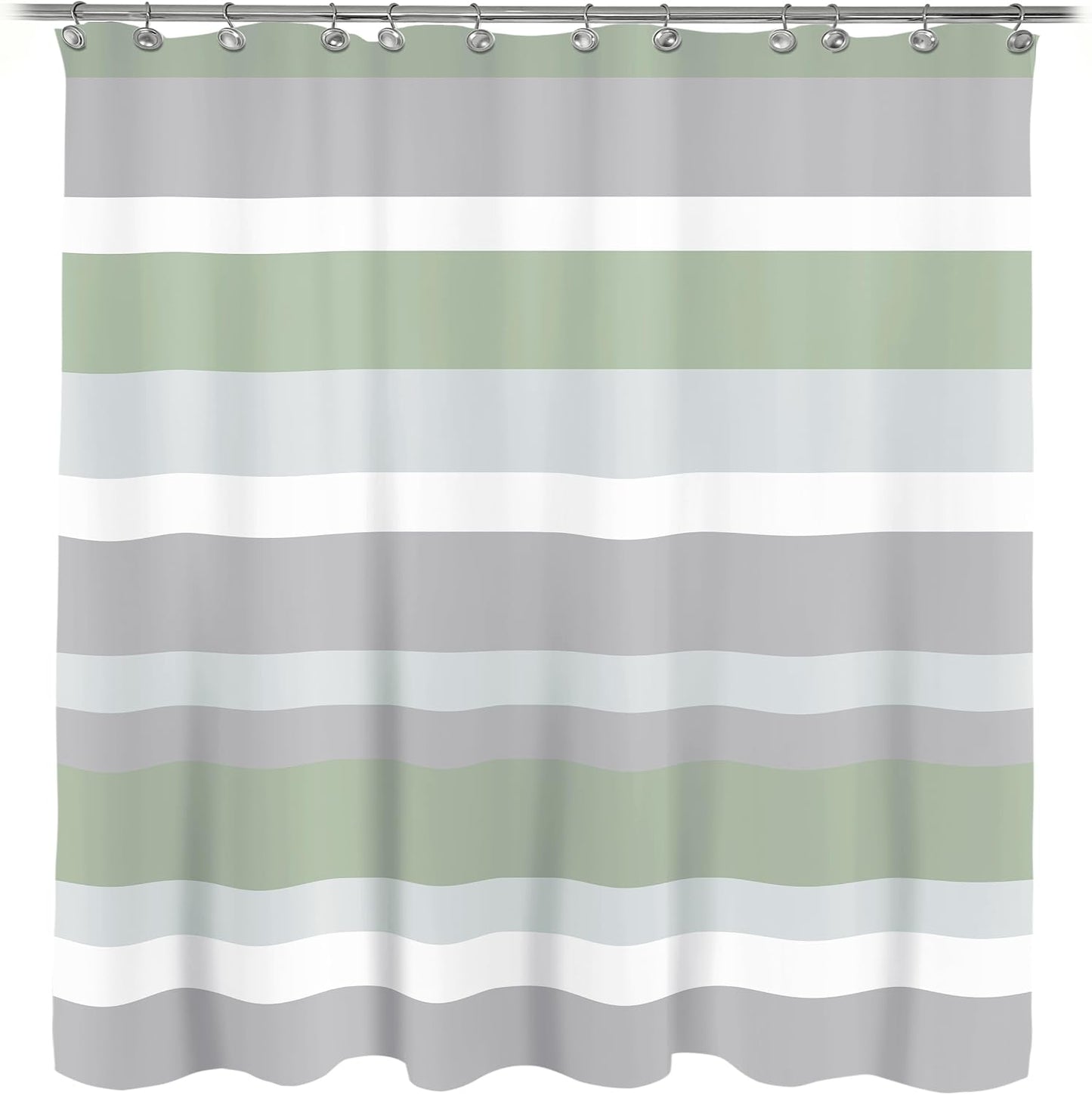 Sunlit Sage Green Gray Horizontal Stripes Water-Repellent Fabric Shower Curtain with Reinforced Metal Grommets Refreshing Striped Design Bathroom Decor, 72x72