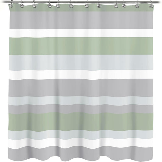 Sunlit Sage Green Gray Horizontal Stripes Water-Repellent Fabric Shower Curtain with Reinforced Metal Grommets Refreshing Striped Design Bathroom Decor, 72x72