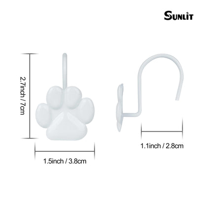 Sunlit Fashion Design Cute Paw Print Polished Double Shower Curtain Hooks for Dog Cat and Bear, Rust Proof Oil Metal Shower Curtain Rings, Black-12 Pack