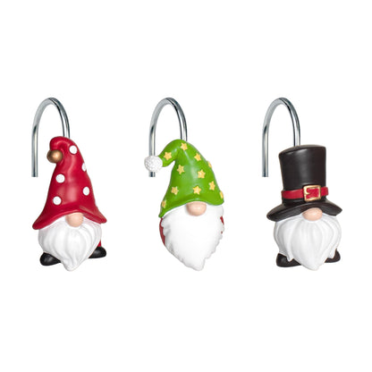 Sunlit Christmas Shower Curtain Hooks, Gnome Shower Curtain Rings, Hand Painted Resin Christmas Decor, Winter Bathroom Decoration, Black Green Red with Star, Set of 12