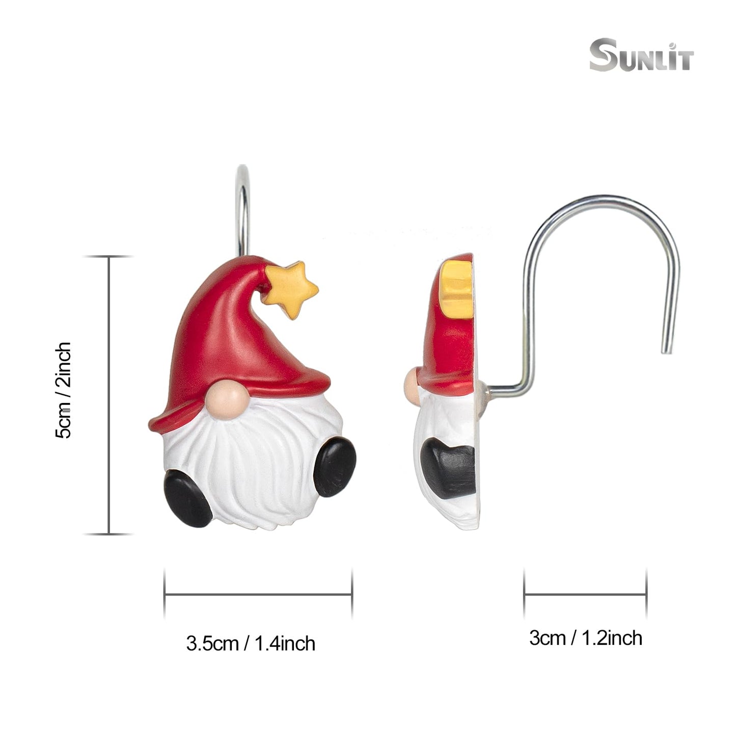 Sunlit Christmas Shower Curtain Hooks, Gnome Shower Curtain Rings, Hand Painted Resin Christmas Decor, Winter Bathroom Decoration, Red Hat with White Polka Dot, Set of 12