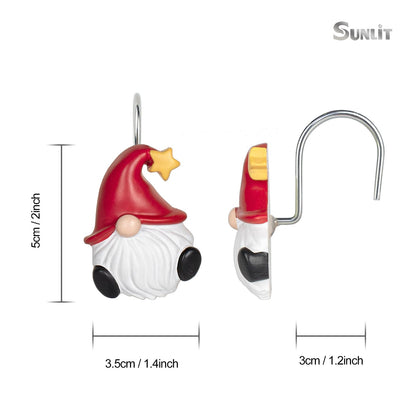 Sunlit Christmas Shower Curtain Hooks, Gnome Shower Curtain Rings, Hand Painted Resin Christmas Decor, Winter Bathroom Decoration, Red Hat with White Polka Dot, Set of 12