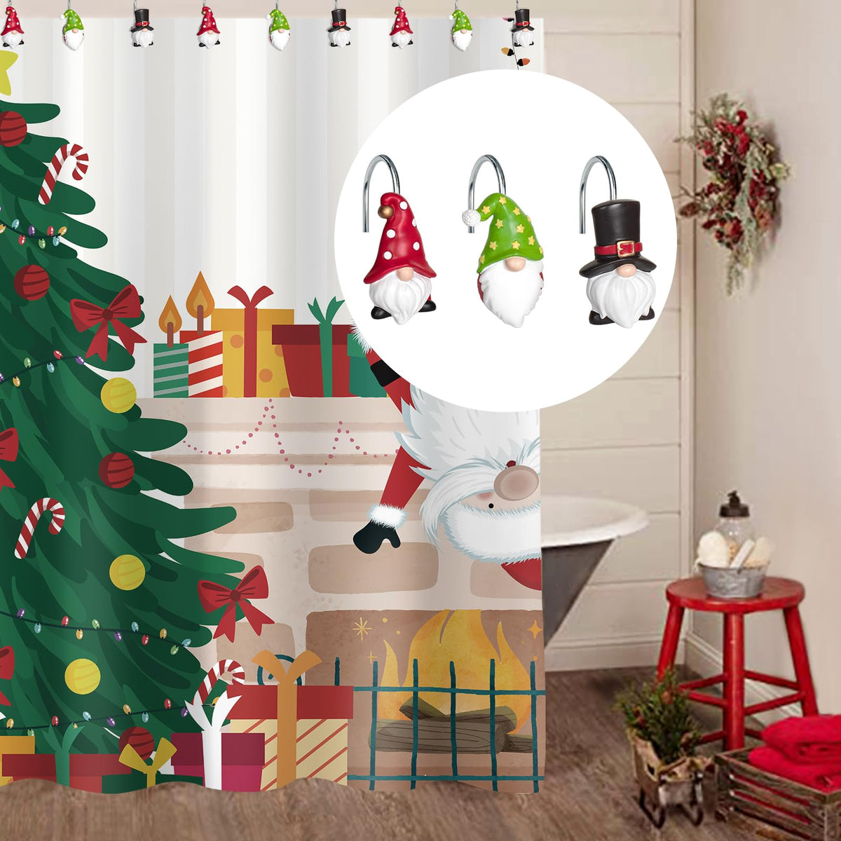 Sunlit Christmas Shower Curtain Hooks, Gnome Shower Curtain Rings, Hand Painted Resin Christmas Decor, Winter Bathroom Decoration, Black Green Red with Star, Set of 12