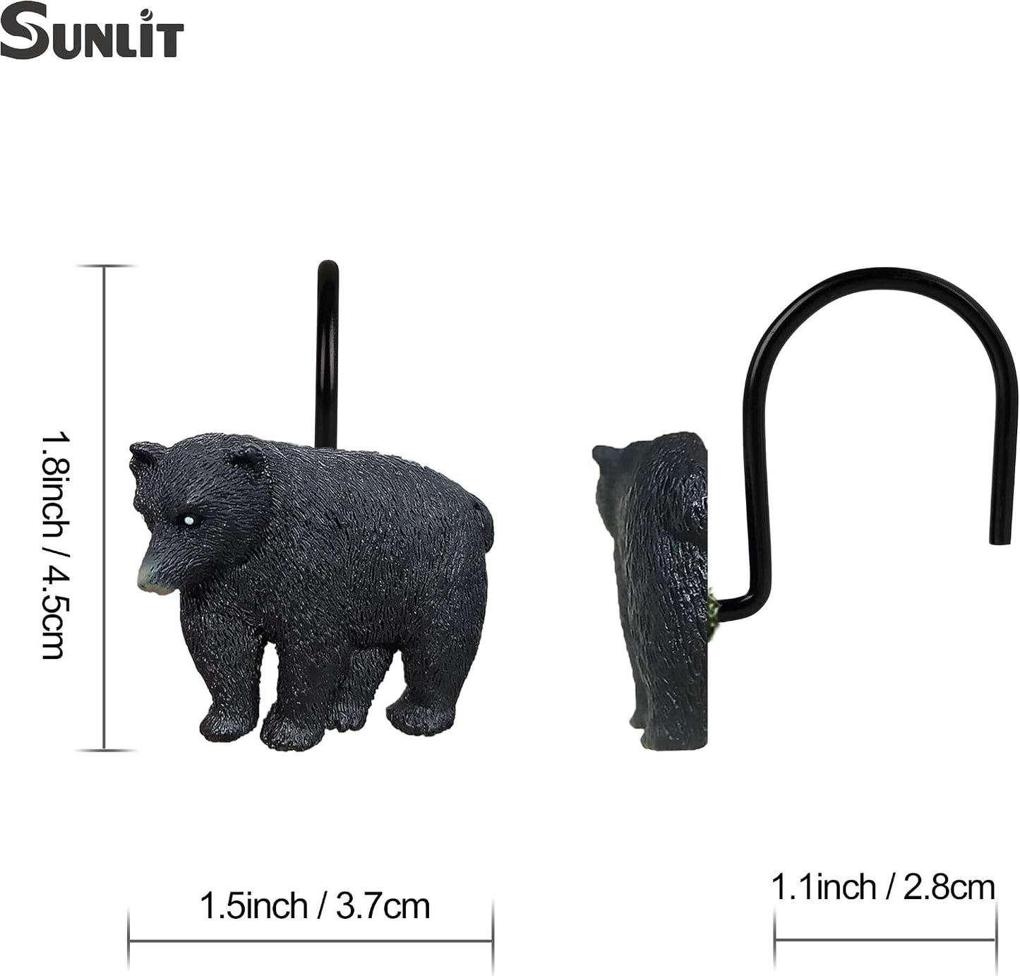 Sunlit Rustic Decorative Shower Curtain Hooks, Black Bear Shower Curtain Rings, Cabin Shower Curtain Hooks with Black Hooks, Resin, Farmhouse Bathroom Decoration, Set of 12