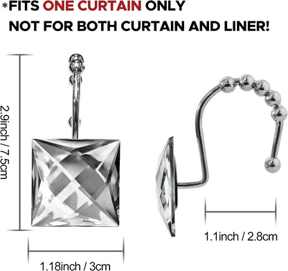 Sunlit Square Rhinestone Shower Curtain Hooks with Glide Balls, 12 Pack