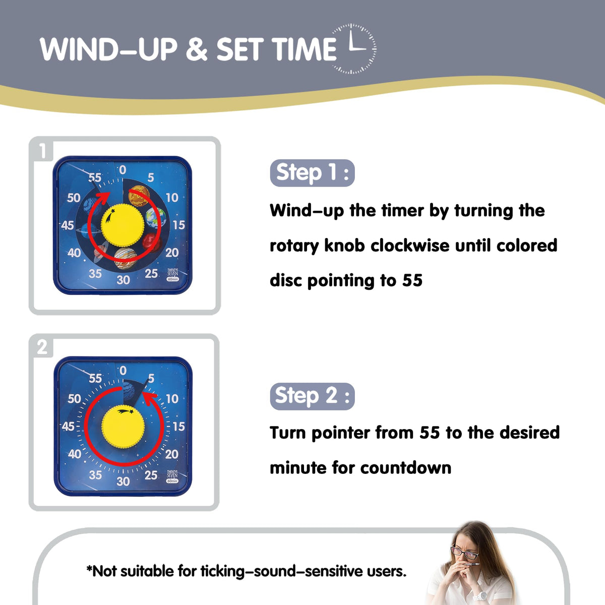 TWENTY5 SEVEN 7.5-Inch Visual Timer, Battery-Free 60-Minute Countdown Clock