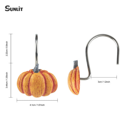 Sunlit Fall Pumpkin Decorative Shower Curtain Hooks, Autumn Harvest Festival Shower Curtain Rings, Resin Farmhouse Bathroom Curtain Hangers Decoration, Set of 12, Orange Blue White