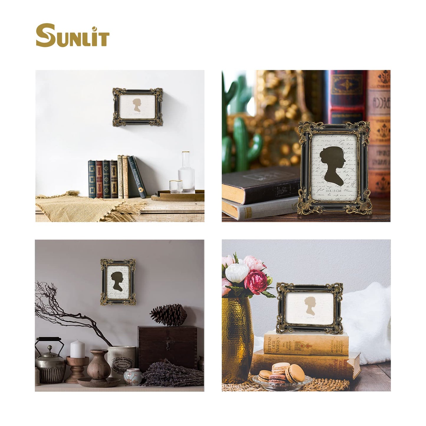 Sunlit Vintage Picture Frame 4x6 Inch, Luxury Antique Photo Frames with Glass Front, Photo Display, Tabletop Wall Hanging, Gift Ideas