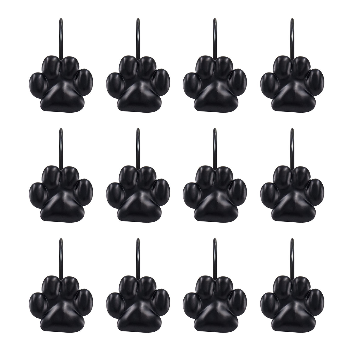 Sunlit Fashion Design Cute Paw Print Polished Double Shower Curtain Hooks for Dog Cat and Bear, Rust Proof Oil Metal Shower Curtain Rings, Black-12 Pack