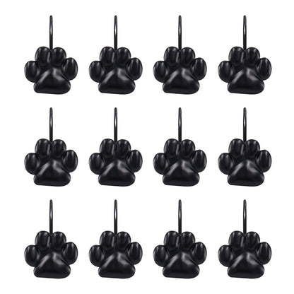 Sunlit Fashion Design Cute Paw Print Polished Double Shower Curtain Hooks for Dog Cat and Bear, Rust Proof Oil Metal Shower Curtain Rings, Black-12 Pack