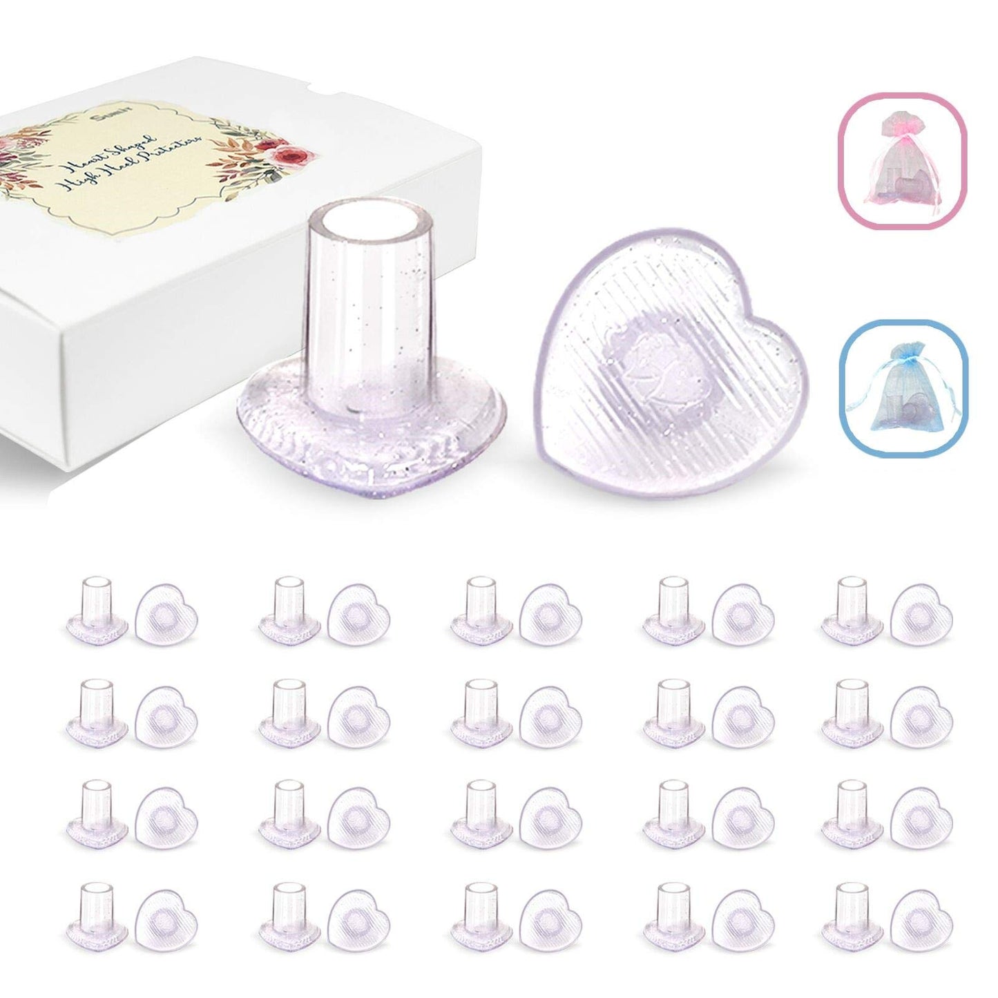 10 Pairs High Heel Protectors, Heart Shaped Glittery Clear Heel Stoppers for Women Shoes, Perfect for Outdoor Graden Party and Weddings, Pink