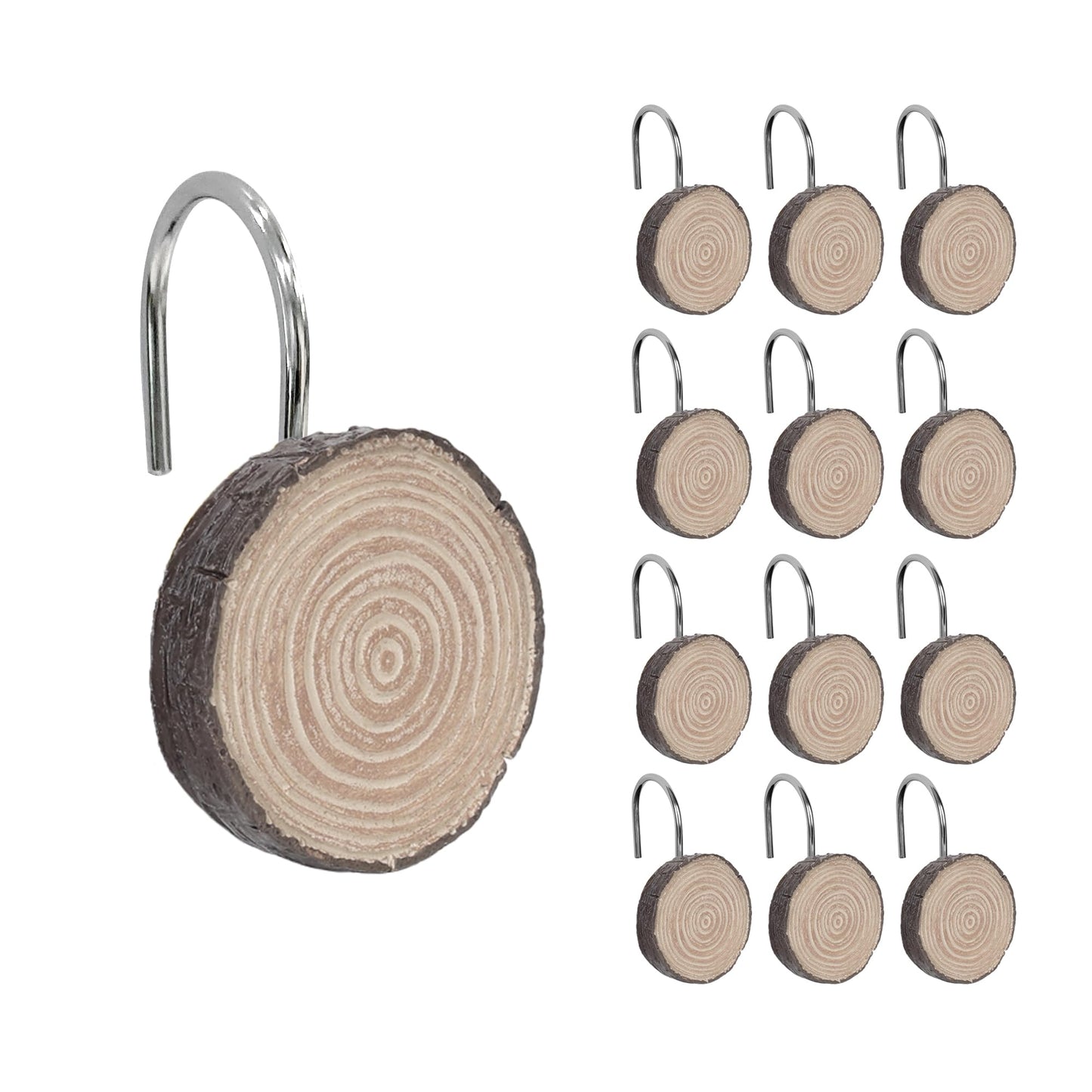 Sunlit Farmhouse Wooden Slices Shower Curtain Hooks, Rustic Home Decorative Shower Curtain Rings for Bathroom, Resin Shower Curtain Hangers Bathroom Accessories, Set of 12