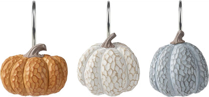Sunlit Fall Pumpkin Decorative Shower Curtain Hooks, Autumn Harvest Festival Shower Curtain Rings, Resin Farmhouse Bathroom Curtain Hangers Decoration, Set of 12, Orange Blue White