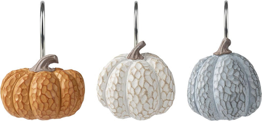Sunlit Fall Pumpkin Decorative Shower Curtain Hooks, Autumn Harvest Festival Shower Curtain Rings, Resin Farmhouse Bathroom Curtain Hangers Decoration, Set of 12, Orange Blue White