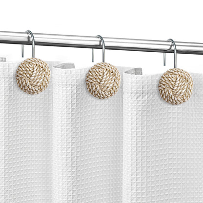 Sunlit Boho Knots Double Shower Curtain Hooks, Home Decorative White Shower Curtain Rings for Bathroom, Seaside Nautical Shower Curtain Hangers Bathroom Accessories, Set of 12
