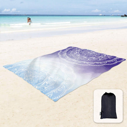 Sunlit 10'x9' Extra Large Boho Sand Proof Beach Blanket, Sand Proof Mat with Corner Pockets and Mesh Bag for Beach Party, Travel, Camping and Outdoor Music Festival, Light Orange and Sky Blue Mandala