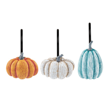 Sunlit Fall Pumpkin Decorative Shower Curtain Hooks, Autumn Harvest Festival Shower Curtain Rings, Resin Farmhouse Bathroom Curtain Hangers Decoration, Set of 12, Orange Blue White