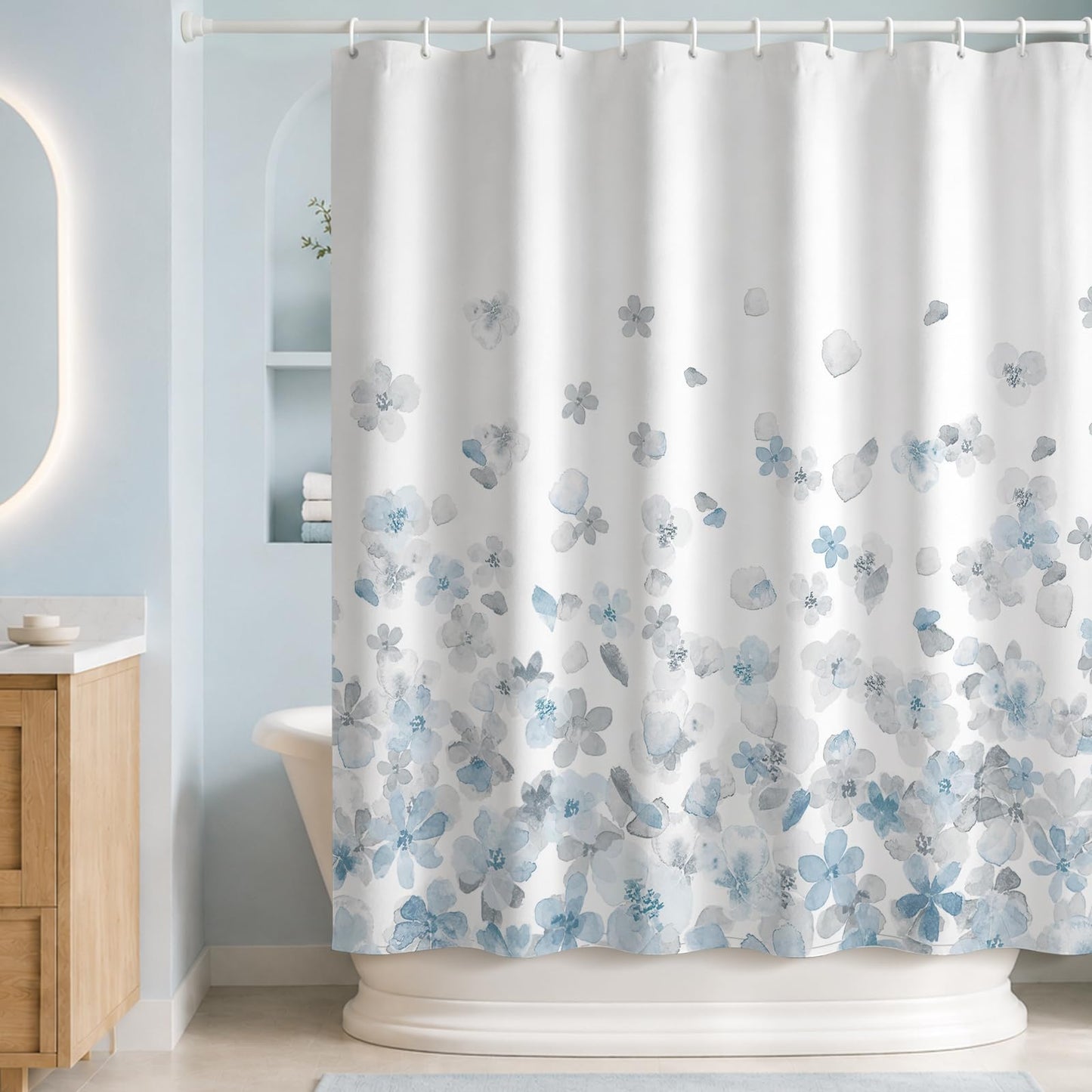 Sunlit Floral Fabric Shower Curtain, Design Simple Style Yellow and Gray Flower Blossoms Shower Curtains for Bathroom Decor with White Background, Machine Washable, 72x72