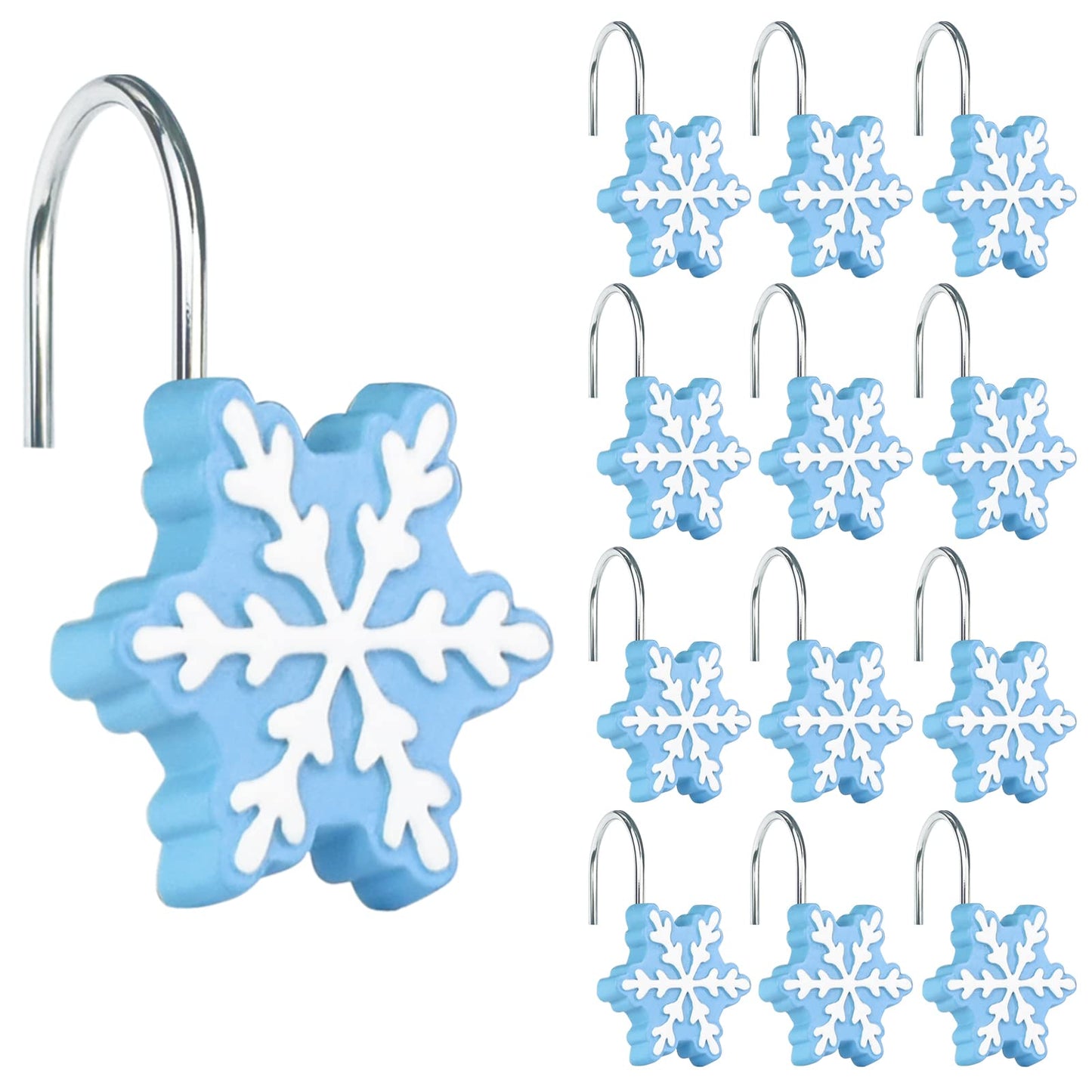 Sunlit Christmas Shower Curtain Hooks Snowflakes Double Shower Curtain Rings, Resin, Red and White Christmas Decor, Winter Bathroom Decoration - 12 Pack