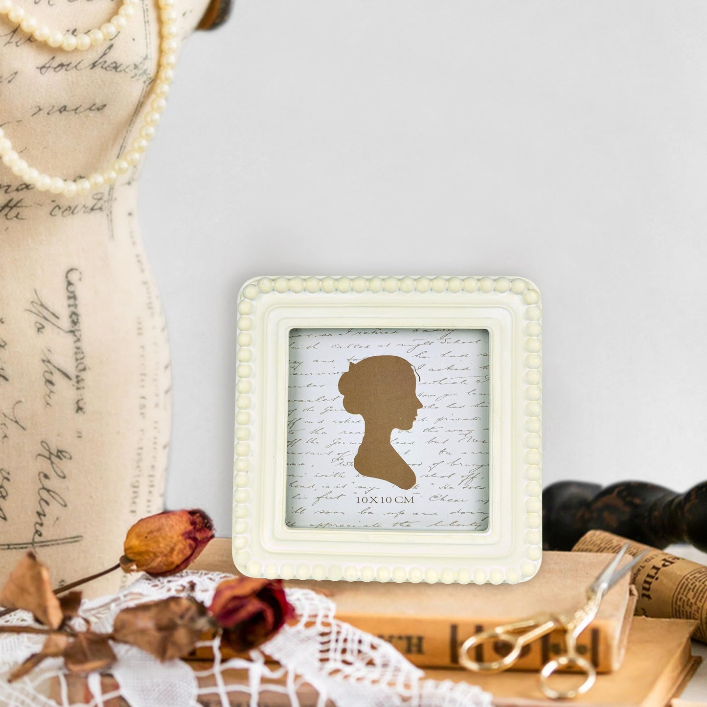 Sunlit Boho Vintage Picture Frame 4x4 Inch with Beaded Border, Luxury Antique Square Photo Frames with Glass Front, Photo Display, Tabletop Wall Hanging, Gift Idea, Distressed White